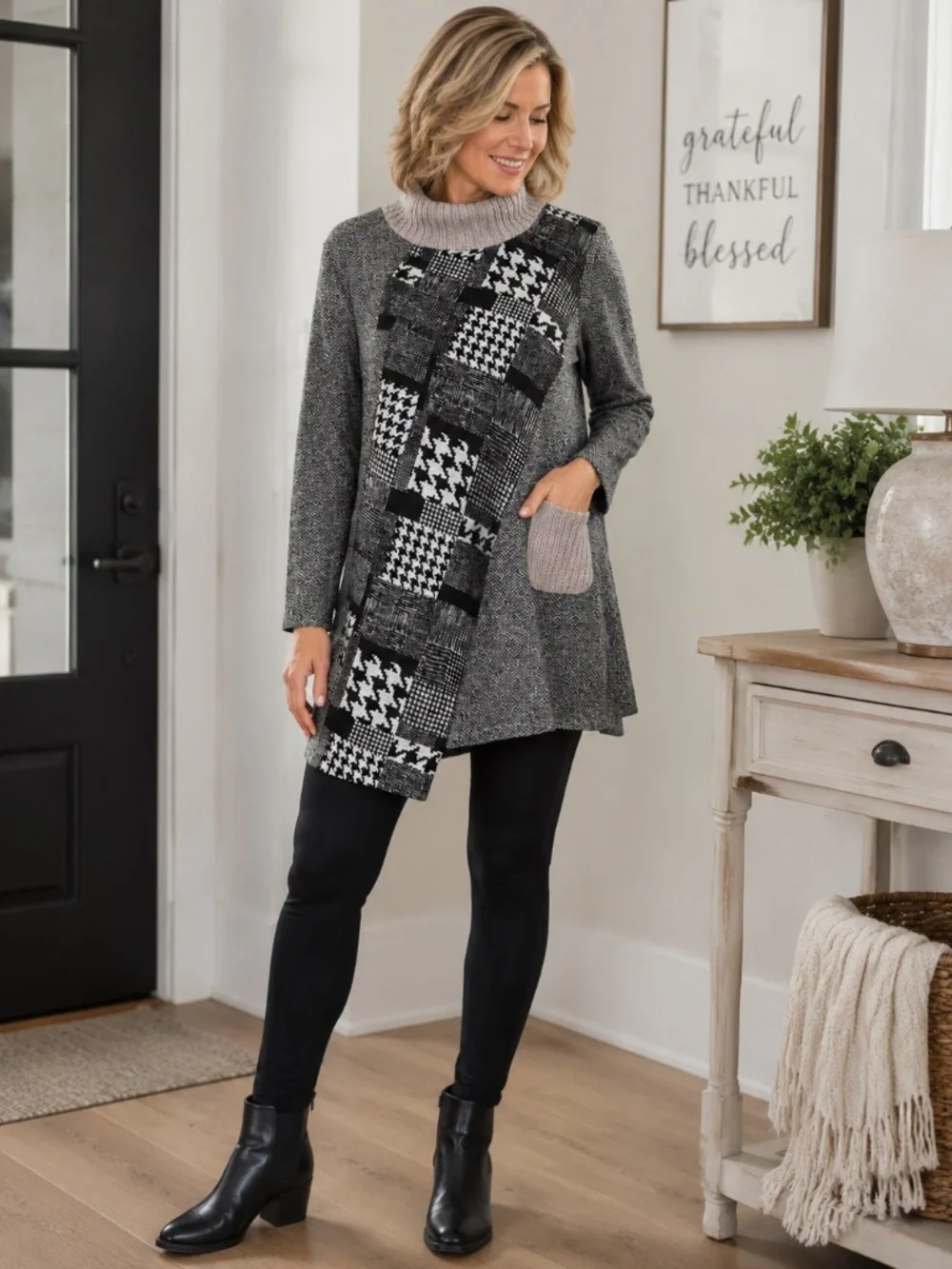 Trisha Tayler Lagenlook Patchwork Houndstooth Knit Tunic Sweater Size L - Picture 1 of 15